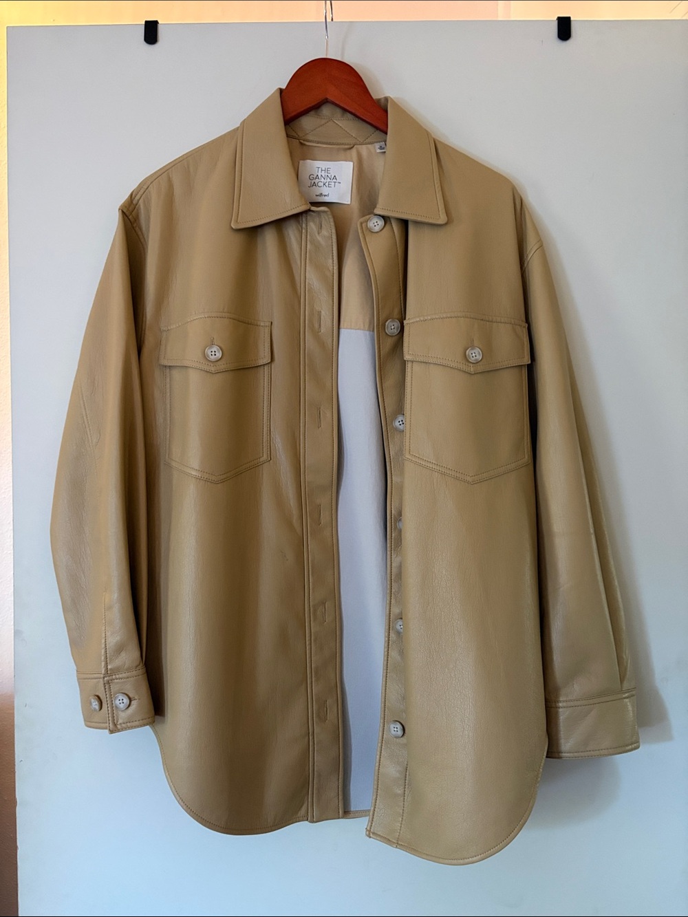 Aritzia Cream-Tan Faux Leather Shirt Jacket
